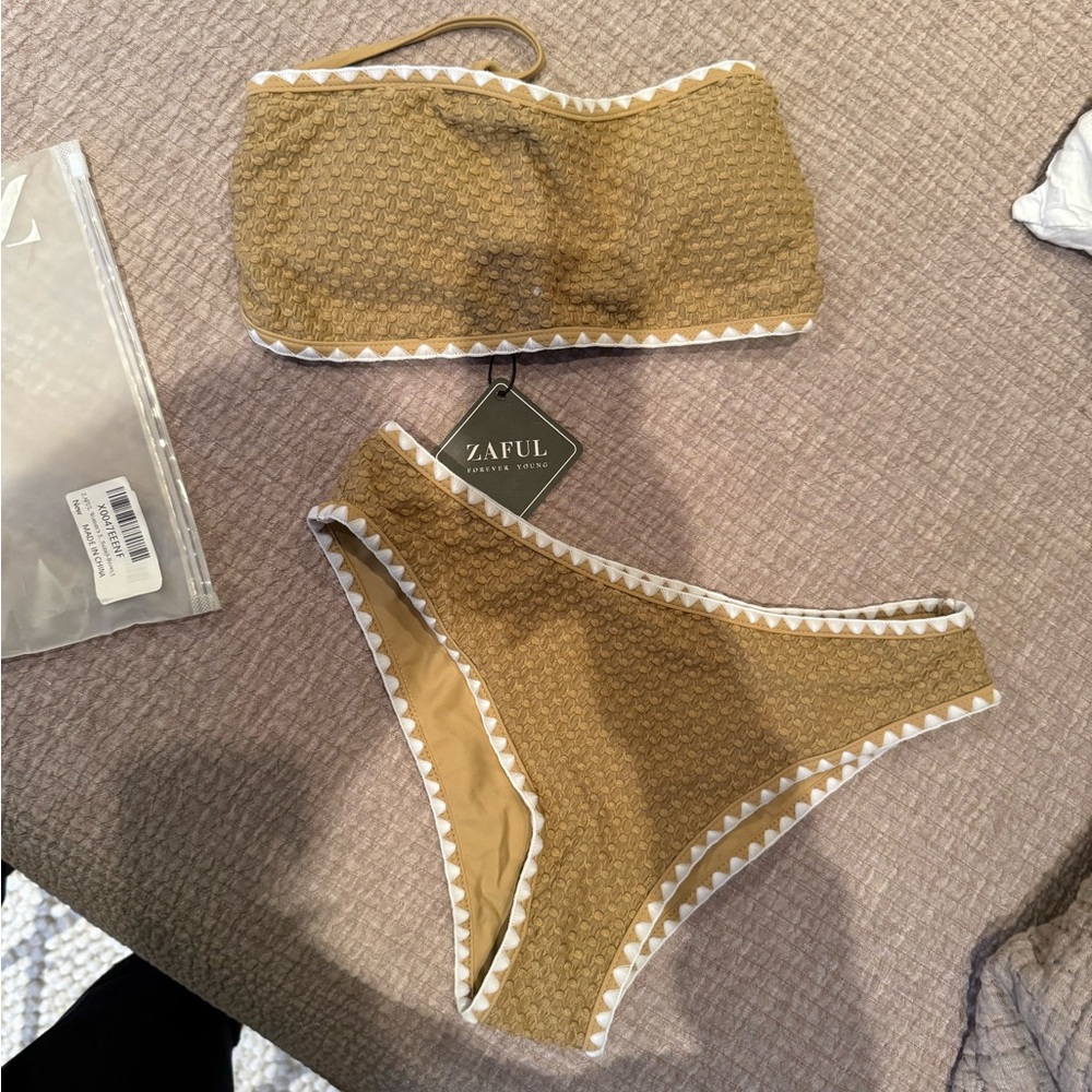 NWT Zaful Textured Tan Bikini with White Trim